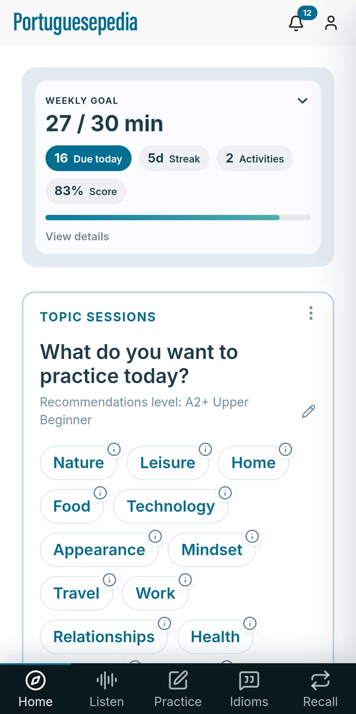 The app’s home screen: this week’s study goal, words due for review and topic sessions.
