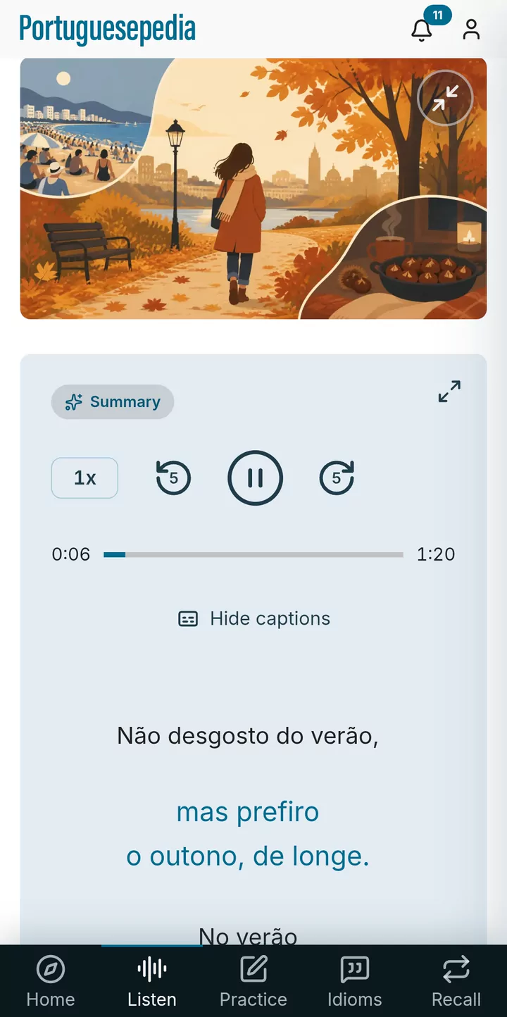 A Listen post in the app: the audio player, with captions that follow the recording.