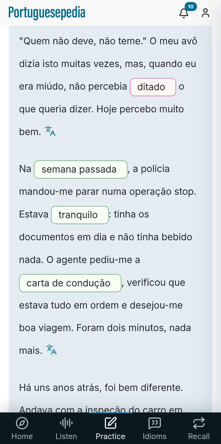 A Practice exercise: a Portuguese text with gaps filled in.