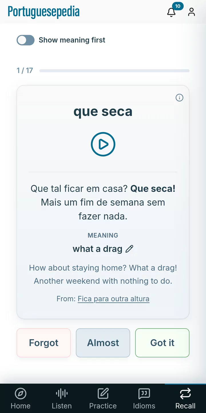 A Recall review card: a phrase, the sentence it came from and its meaning.
