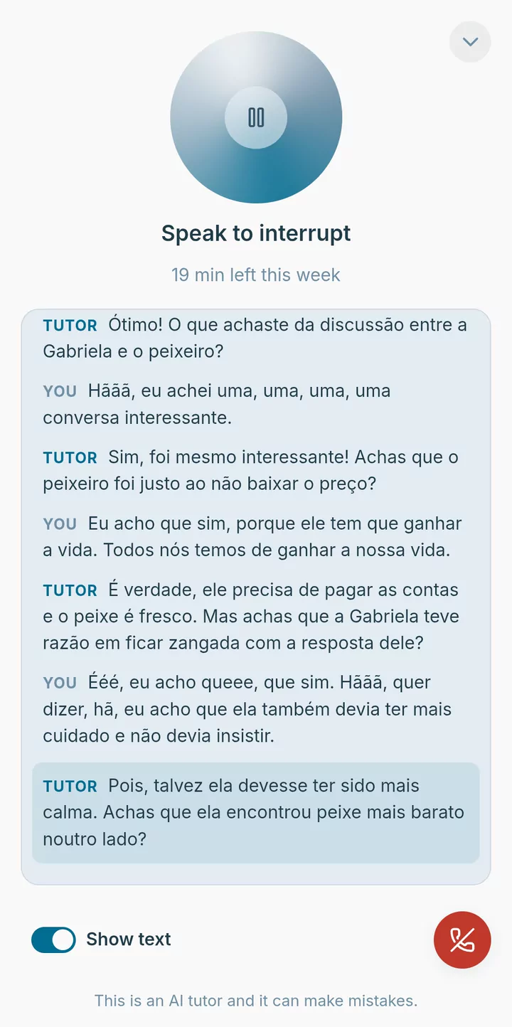 A spoken conversation with the AI tutor, with its transcript.