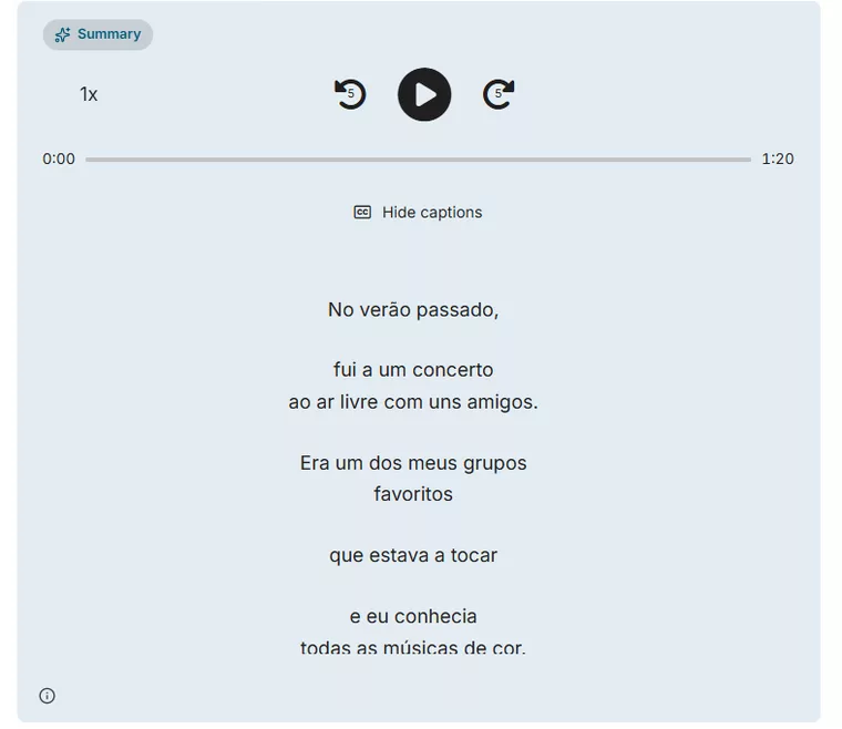 A Listen post: the audio player with rolling captions, and buttons for a quiz, saving vocabulary, and spoken practice.