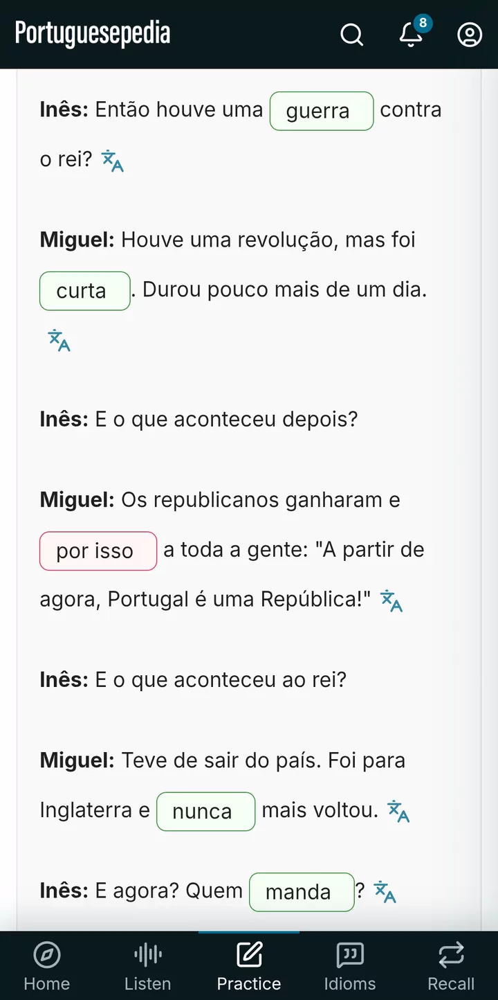 A fill-in-the-gaps exercise on the same text, each answer marked right or wrong.