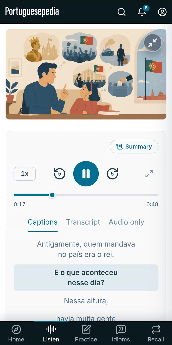 A Listen post in the app: the audio player, with captions that follow the recording.