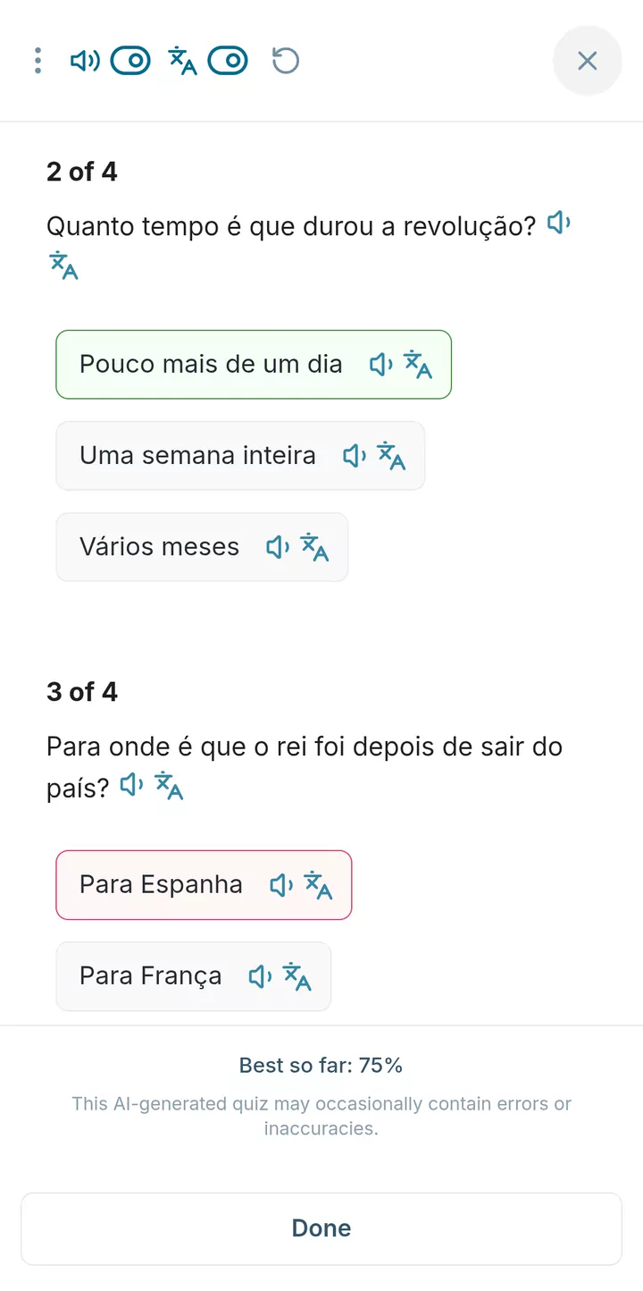 A comprehension quiz on the post, each answer with audio and a translation.
