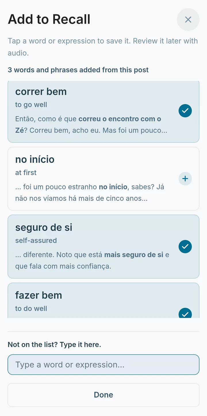 Add to Recall: words and phrases from the post, each with its meaning and the sentence it came from.