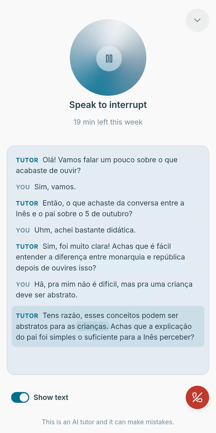 A spoken conversation with an AI tutor about the post, its text shown as it goes.