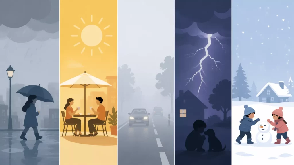O céu está cinzento e as ruas estão molhadas