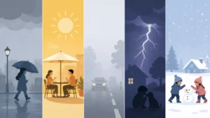 O céu está cinzento e as ruas estão molhadas